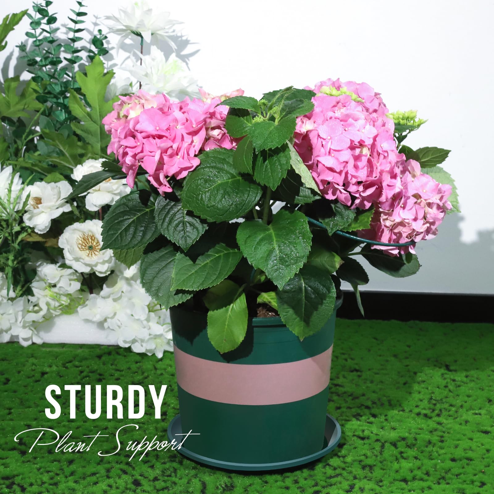 LEOBRO indoor outdoor stakes blend with plants with a glossy green finish.