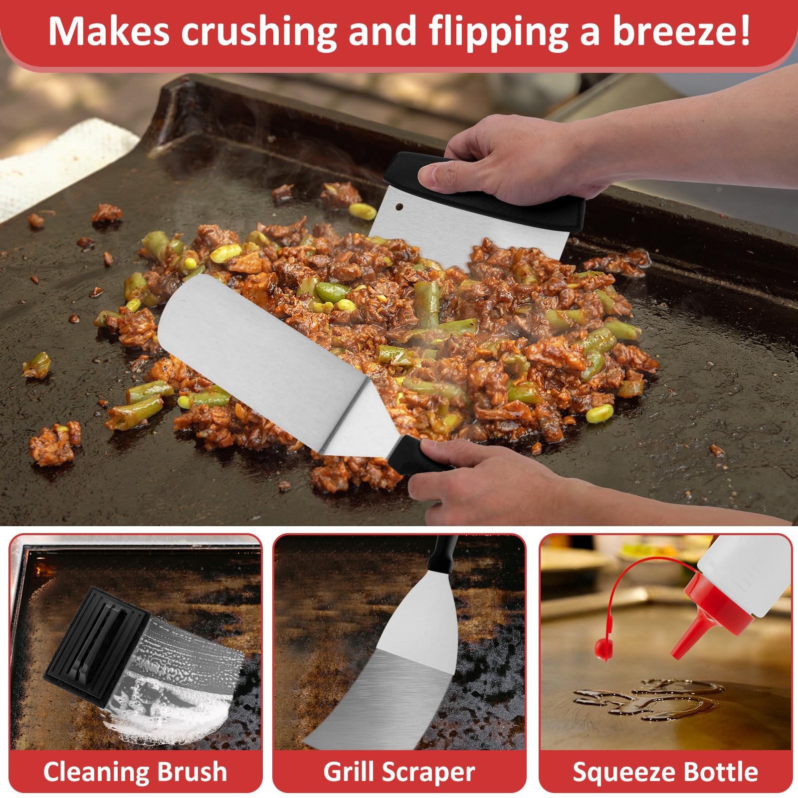 Leonyo slotted spatula great for draining excess grease on a flat-top
