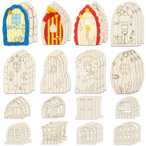 LepoHome 64pcs mini wooden fairy doors kit for DIY crafts and garden decor.