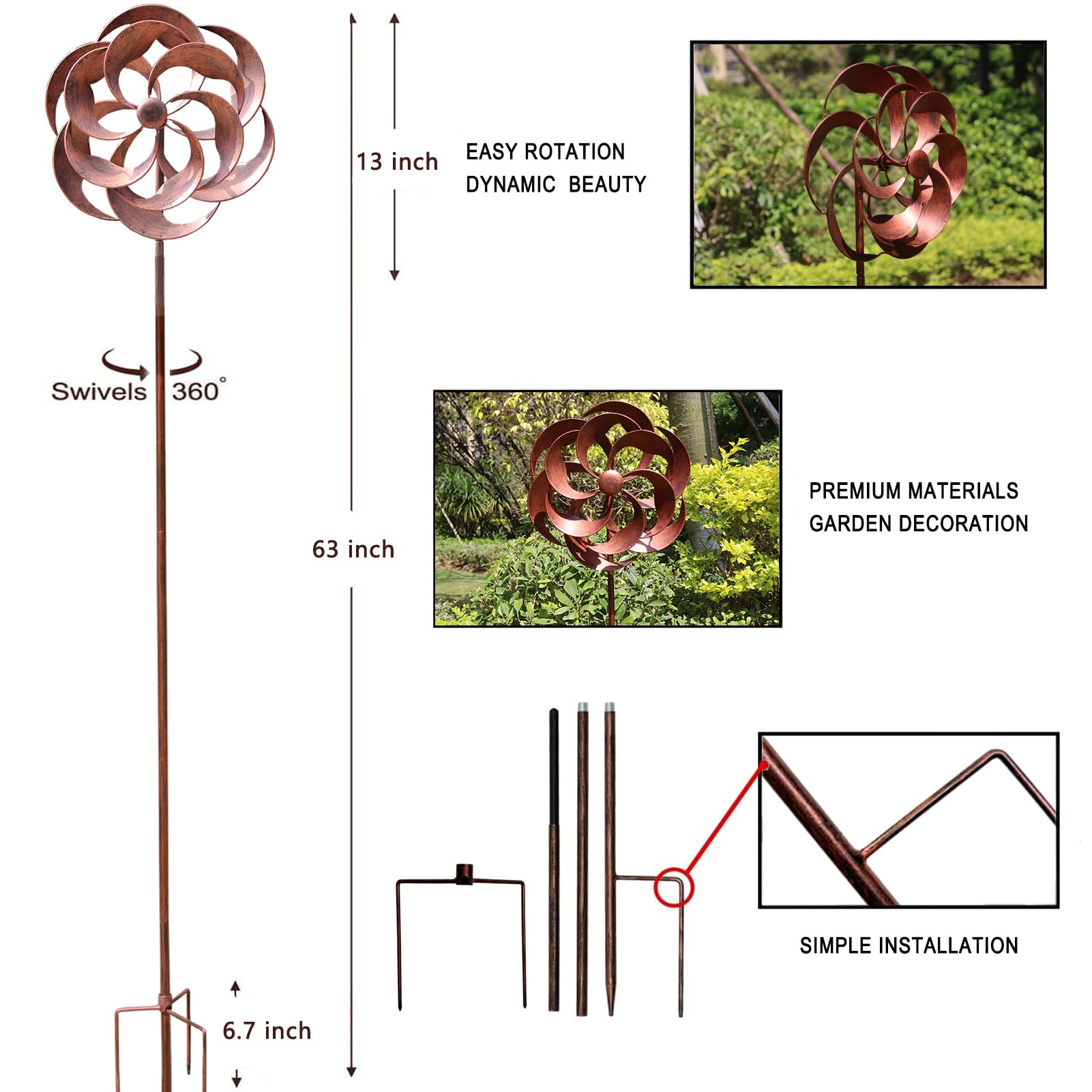 LERFUGI Metal wind spinner with smooth rotation enhances garden movement.