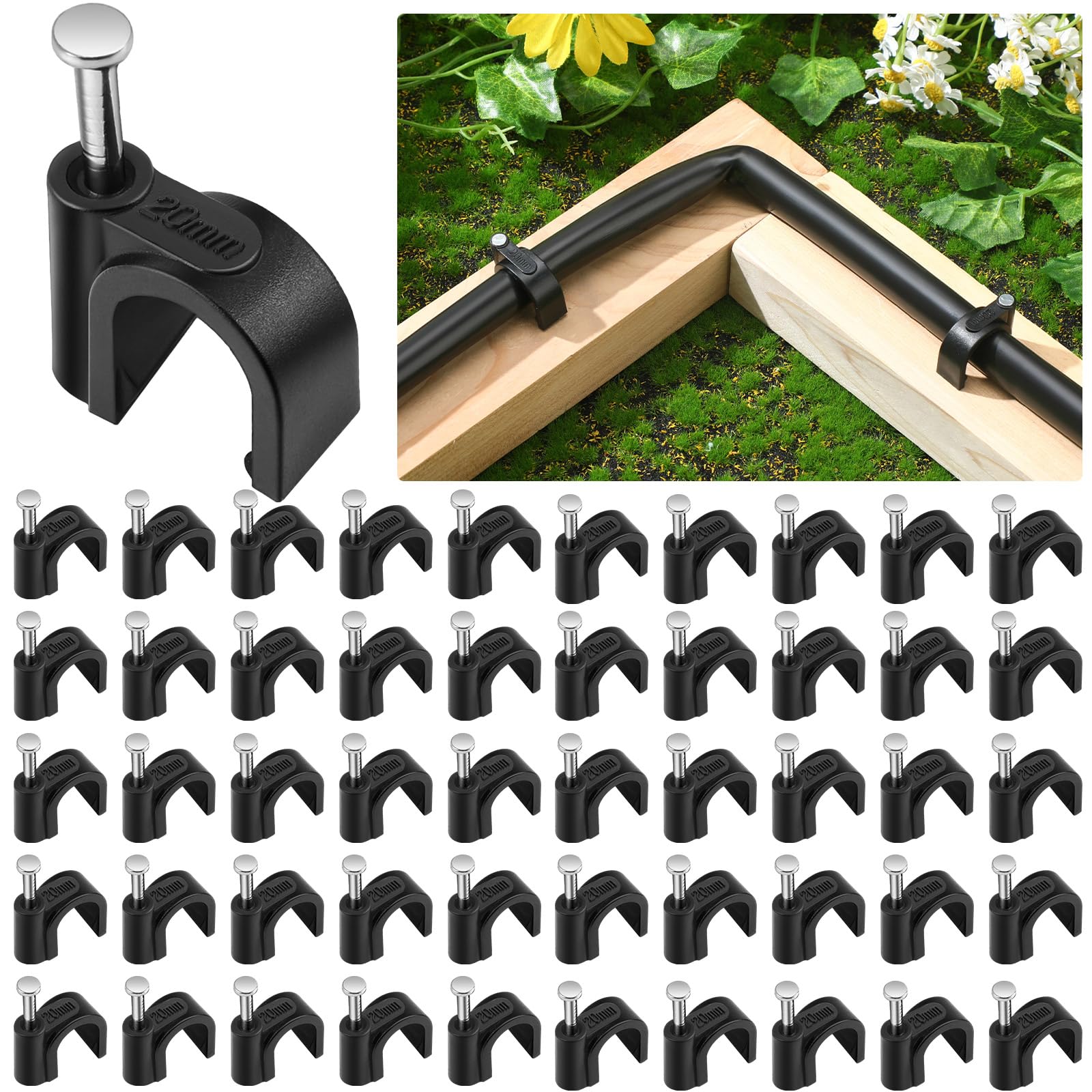 Leriton 100pcs drip irrigation clips secure 1/2 inch tubing lines.