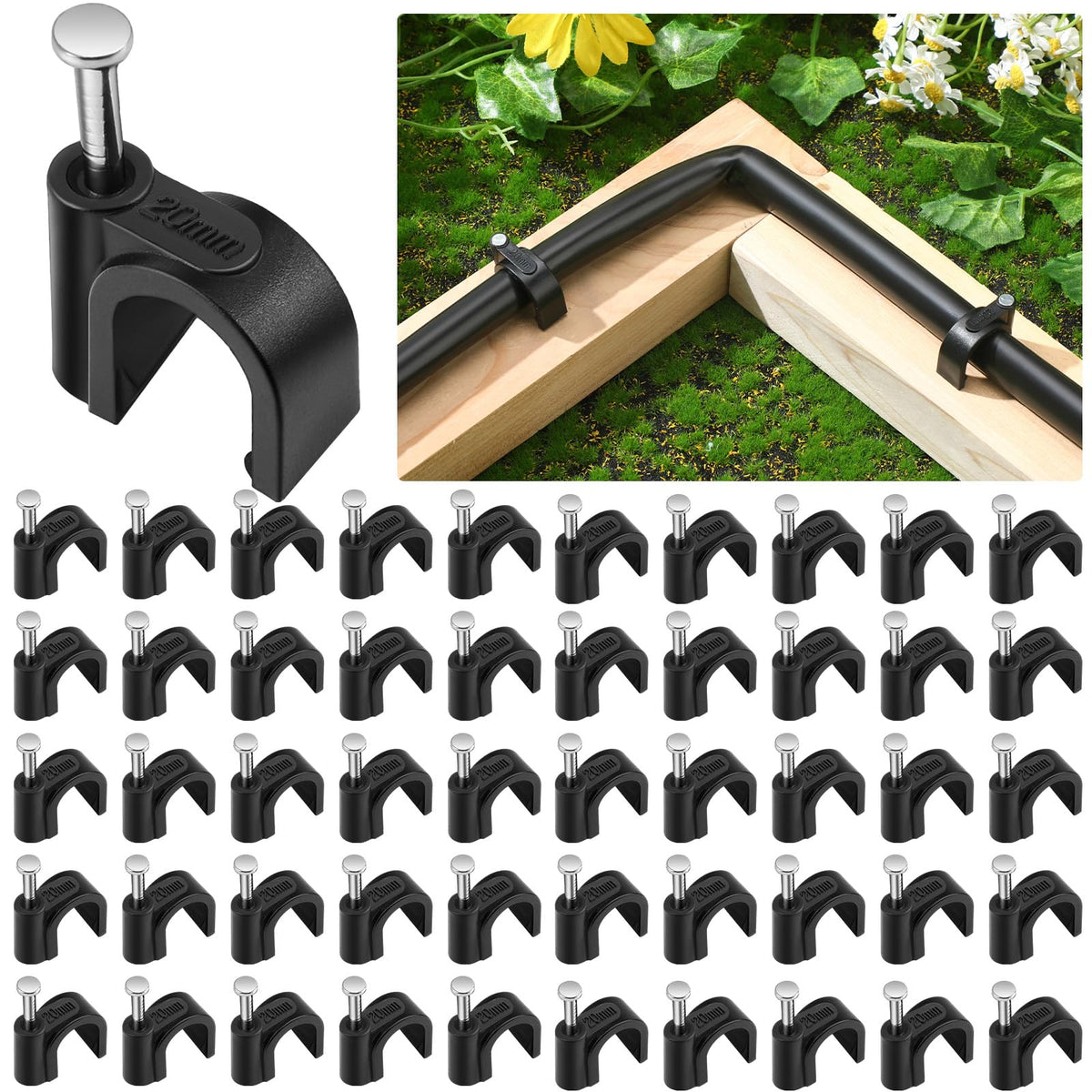 Leriton 100pcs drip irrigation clips secure 1/2 inch tubing lines.