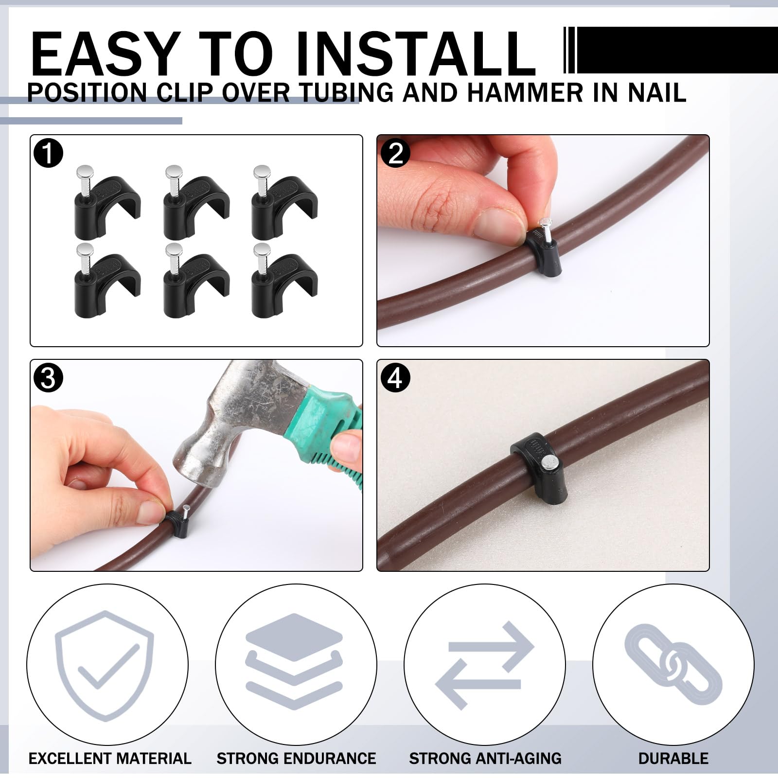 High-carbon steel nails with Leriton clips for durable mounting.