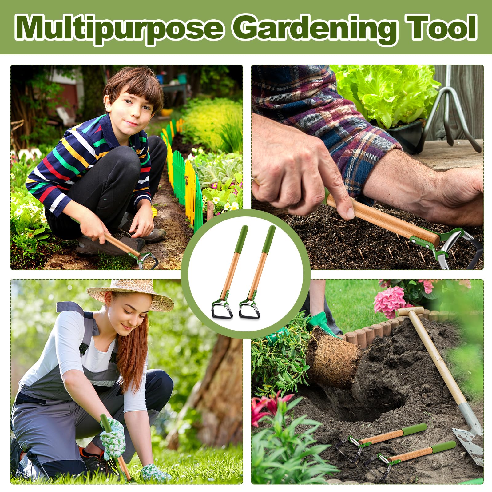 Leriton hoe in action weeding between garden beds and plants.