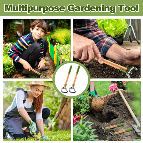 Leriton hoe in action weeding between garden beds and plants.