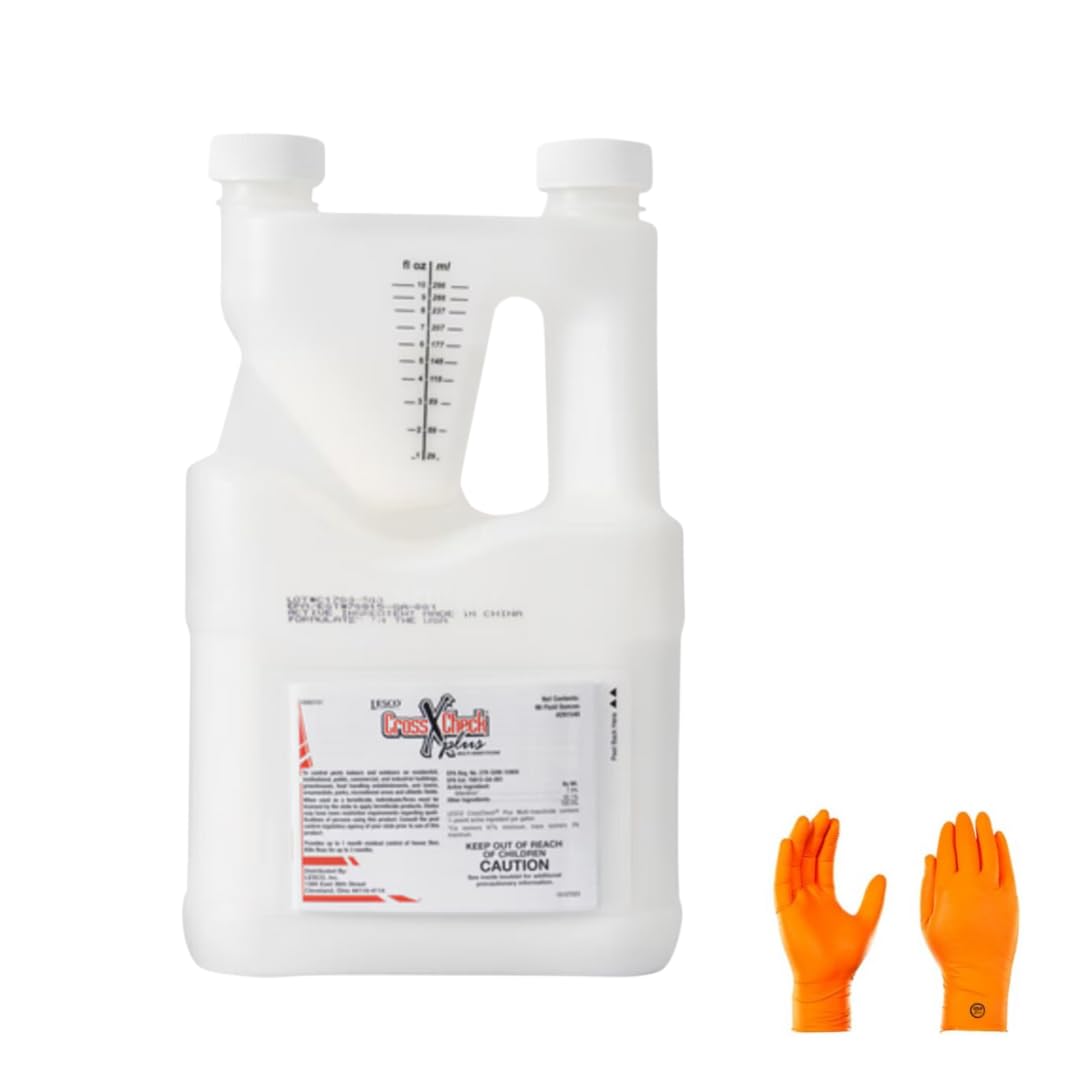 Lesco CrossCheck Plus 96oz bottle shown for broad-spectrum pest control outdoors and indoors