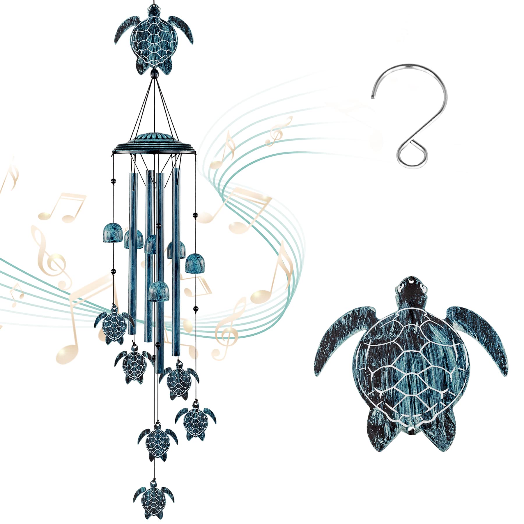 LESES Sea Turtle wind chime outdoors with four aluminum tubes creating a calm ambience.