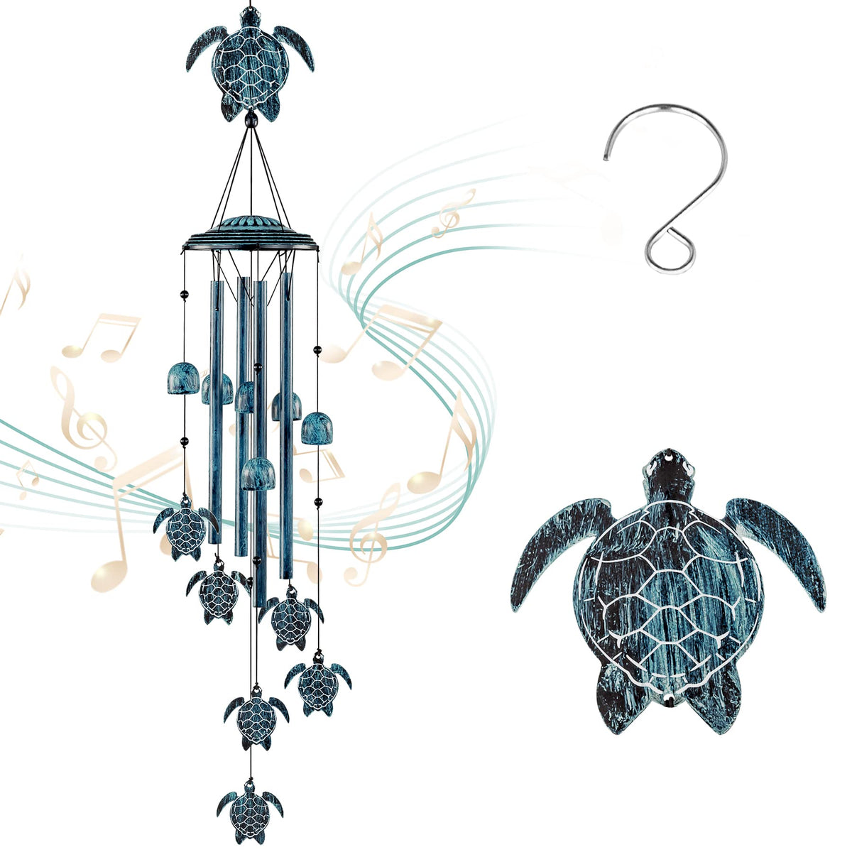 LESES Sea Turtle wind chime outdoors with four aluminum tubes creating a calm ambience.