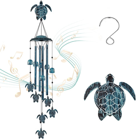LESES Sea Turtle wind chime outdoors with four aluminum tubes creating a calm ambience.