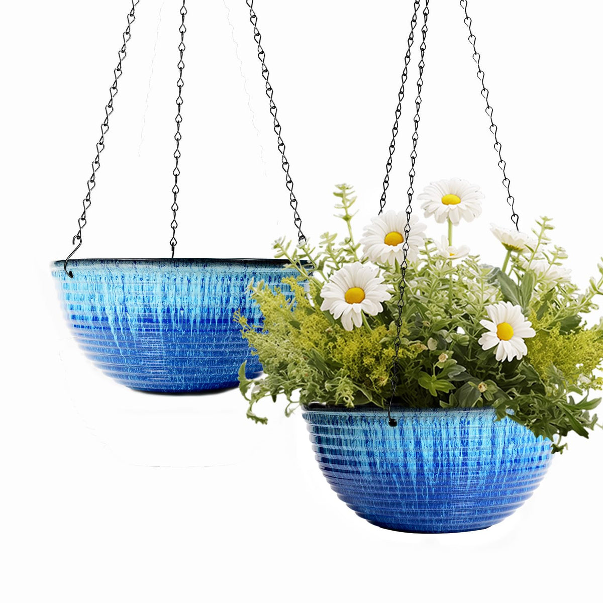 Lesoasis 10-inch hanging planter in blue glaze adds modern round style for indoor spaces.