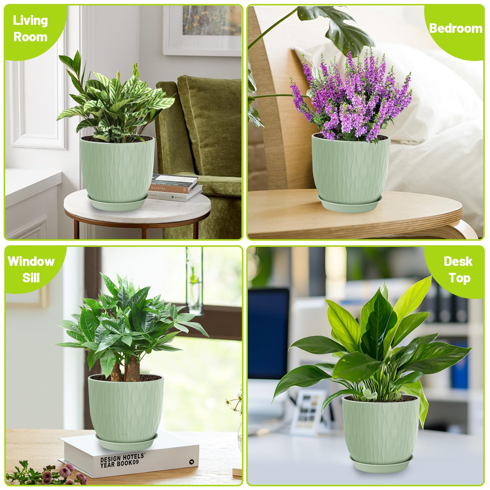LESOASIS pot with drainage holes and saucers helps keep surfaces clean.