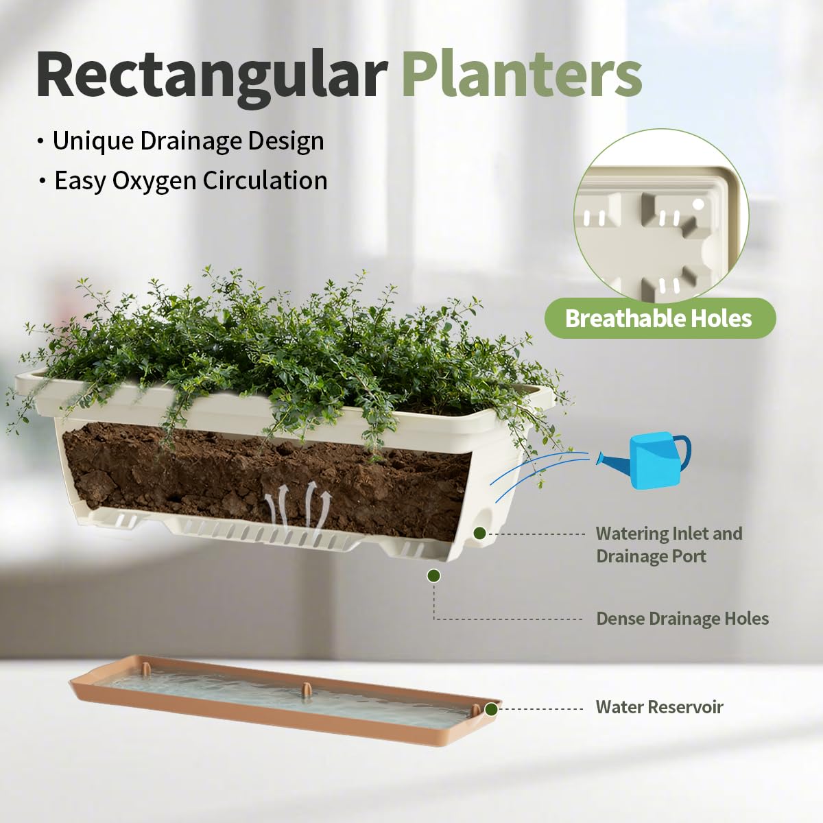 LESOASIS Window Box Planter 16in green brings fresh color to balconies and windowsills.