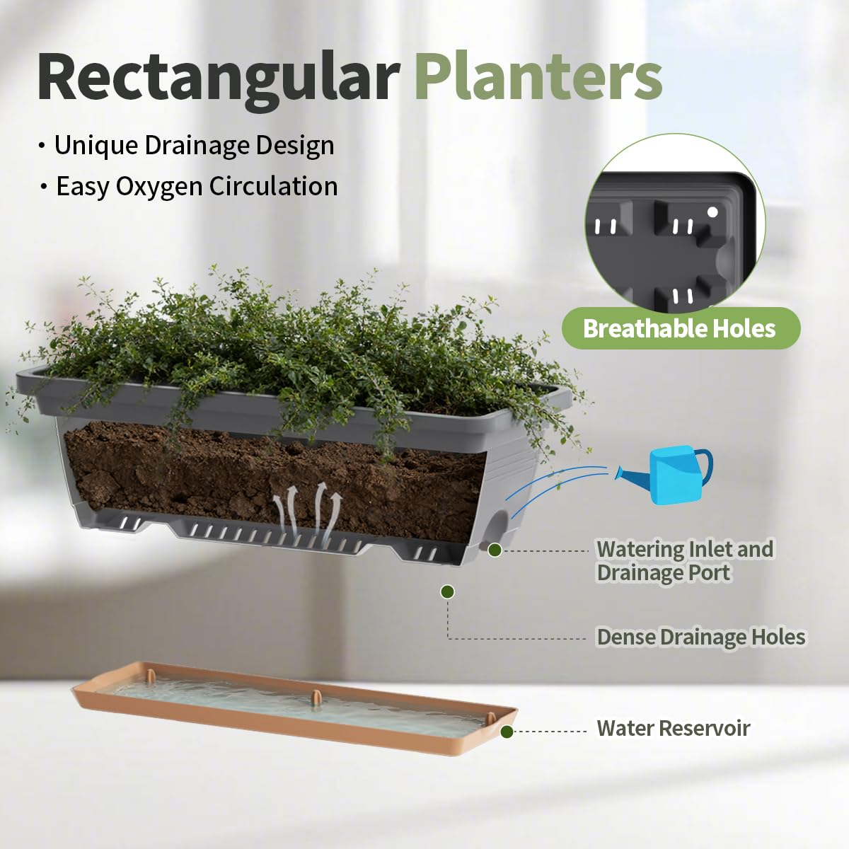 LESOASIS window box planter drainage holes close-up showing smart water management