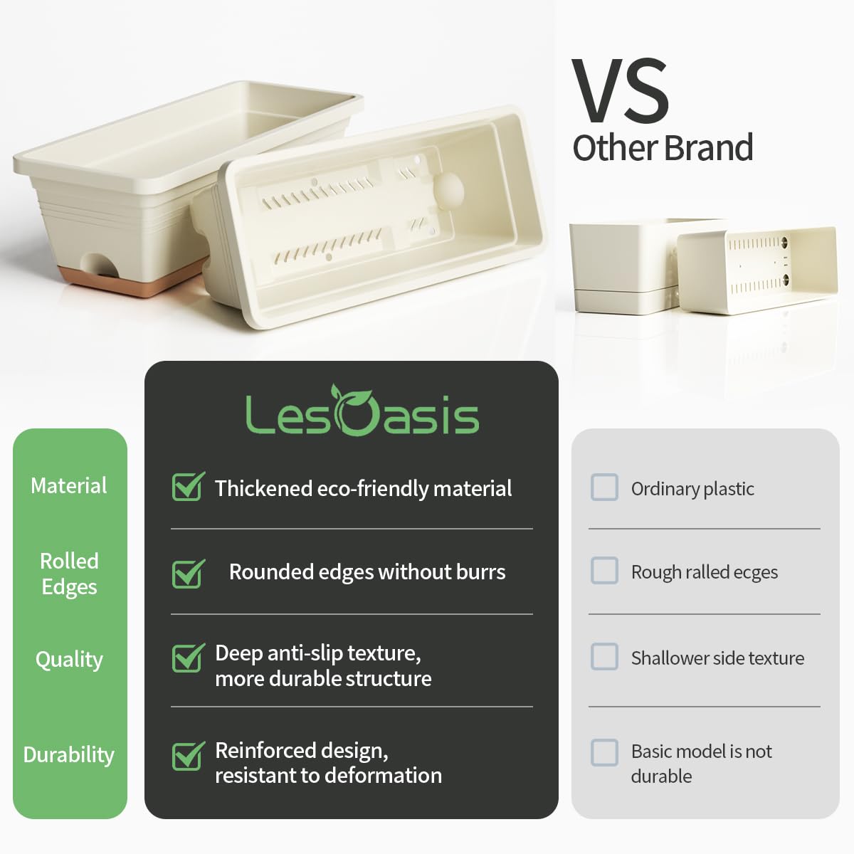 LESOASIS Window Box Planter includes saucers to prevent spills and surface protection.