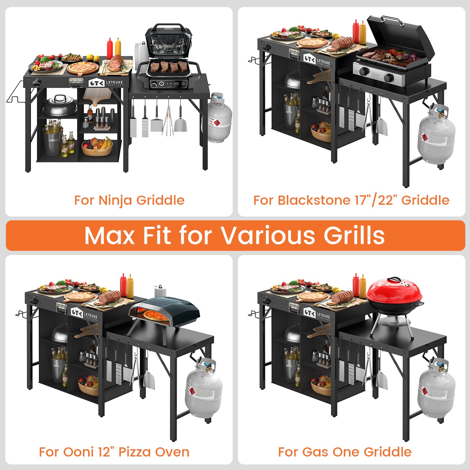 Leteuke grill table carbon steel top offers sturdy work surface.