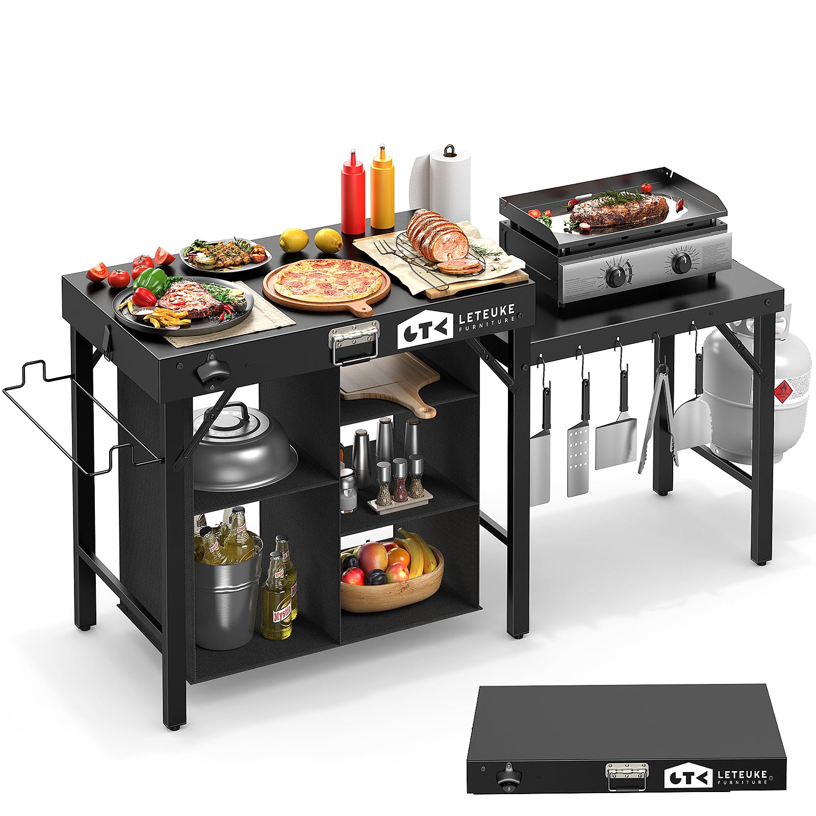Leteuke grill table folding compact design for quick transport.