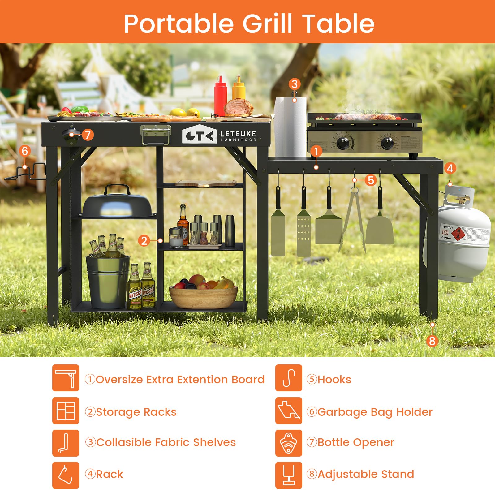 Leteuke grill table hooks and accessories for organized grilling.
