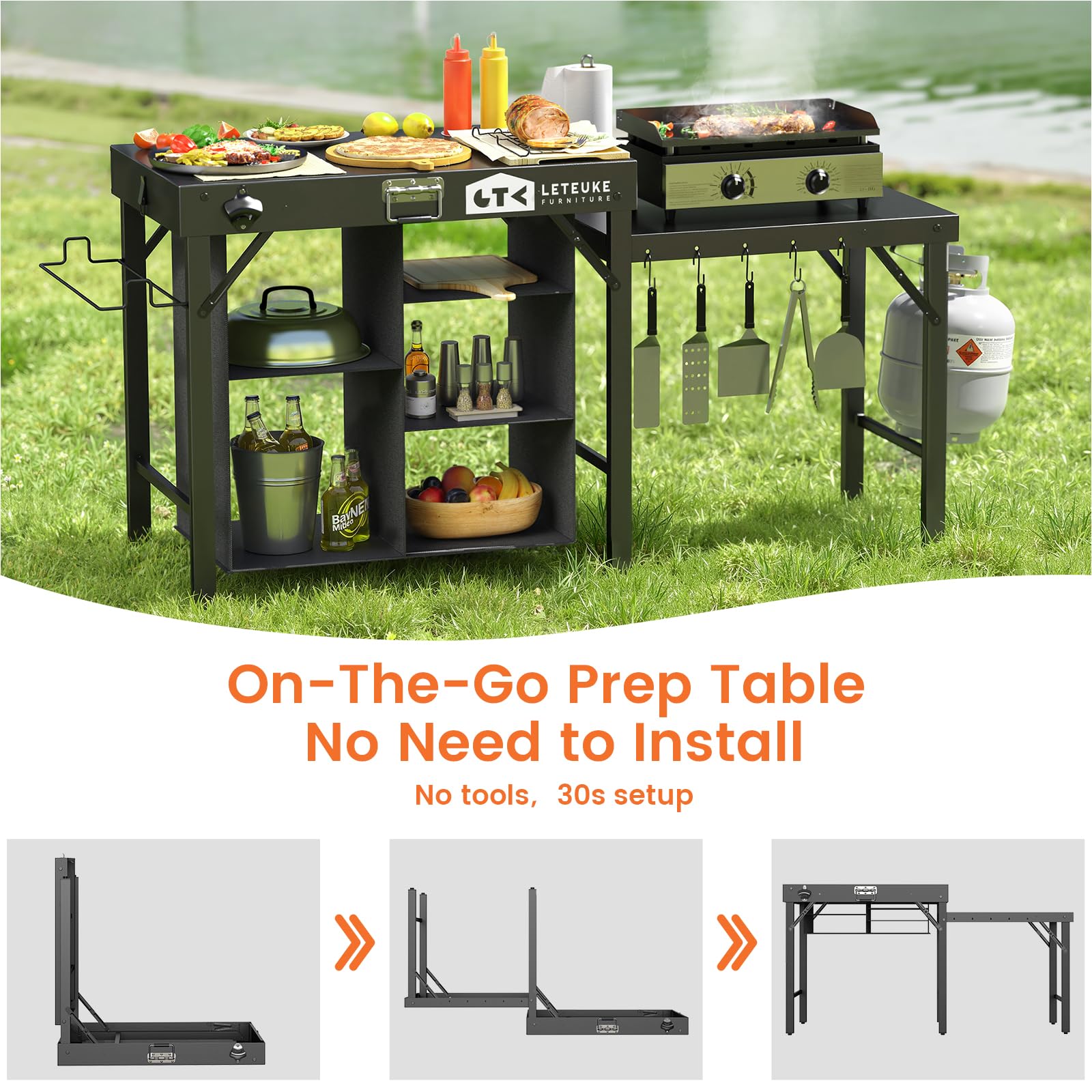 Leteuke grill table prep area expansion for spacious meal prep.