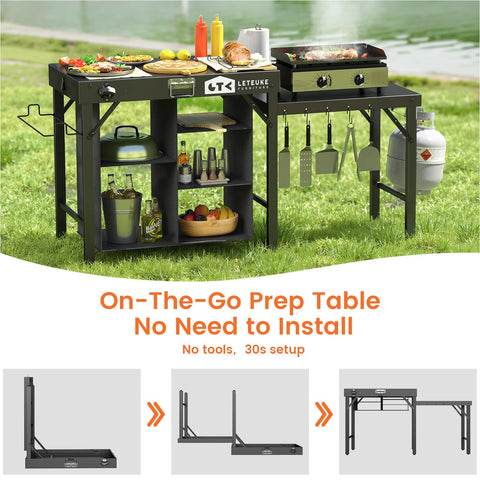 Leteuke grill table prep area expansion for spacious meal prep.