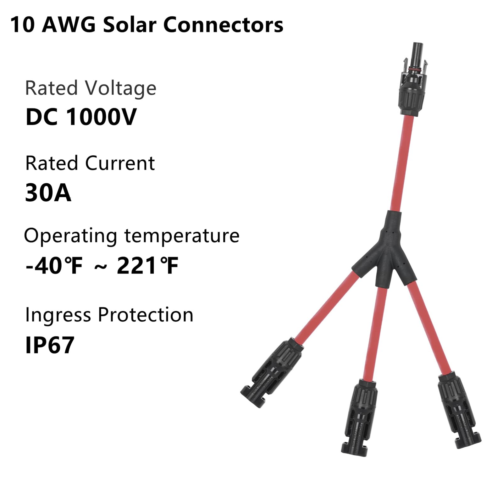 Letivay Y-branch connector close-up showing 10 AWG copper strands and insulation