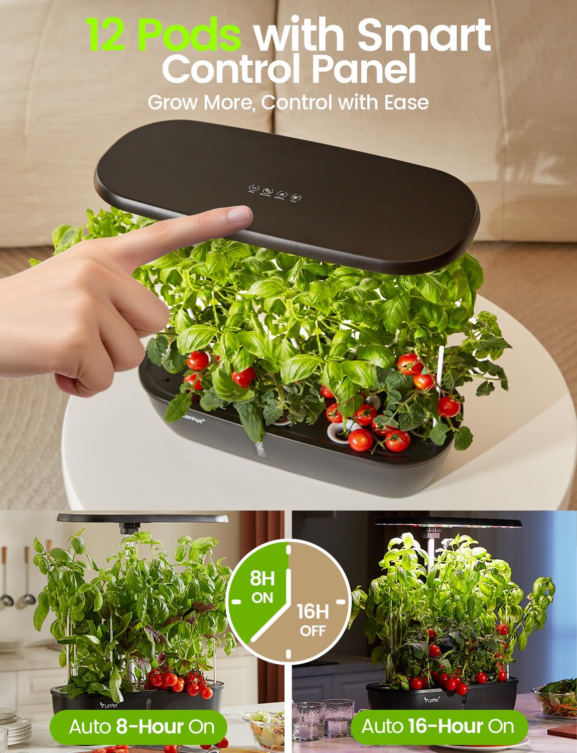 LETPOT 24W LED grow light close-up powering robust greens