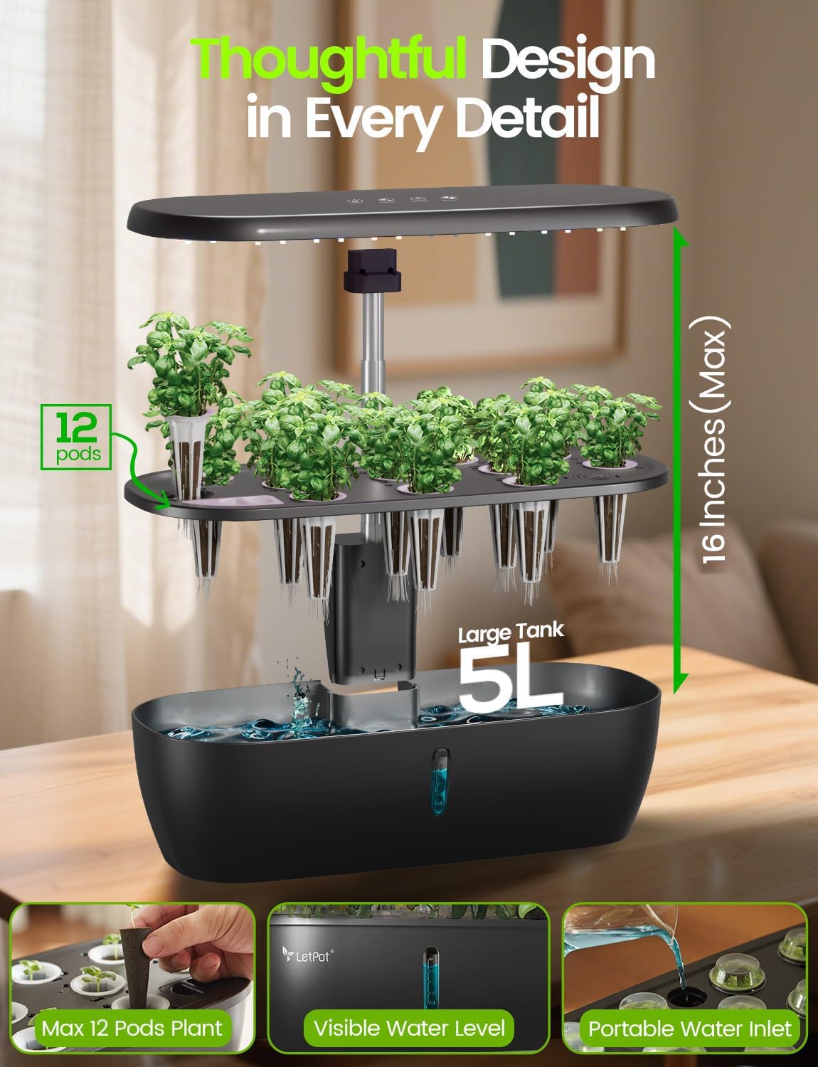 LETPOT LPH-Lite 5.5L water tank supports weeks of self-sufficient growth
