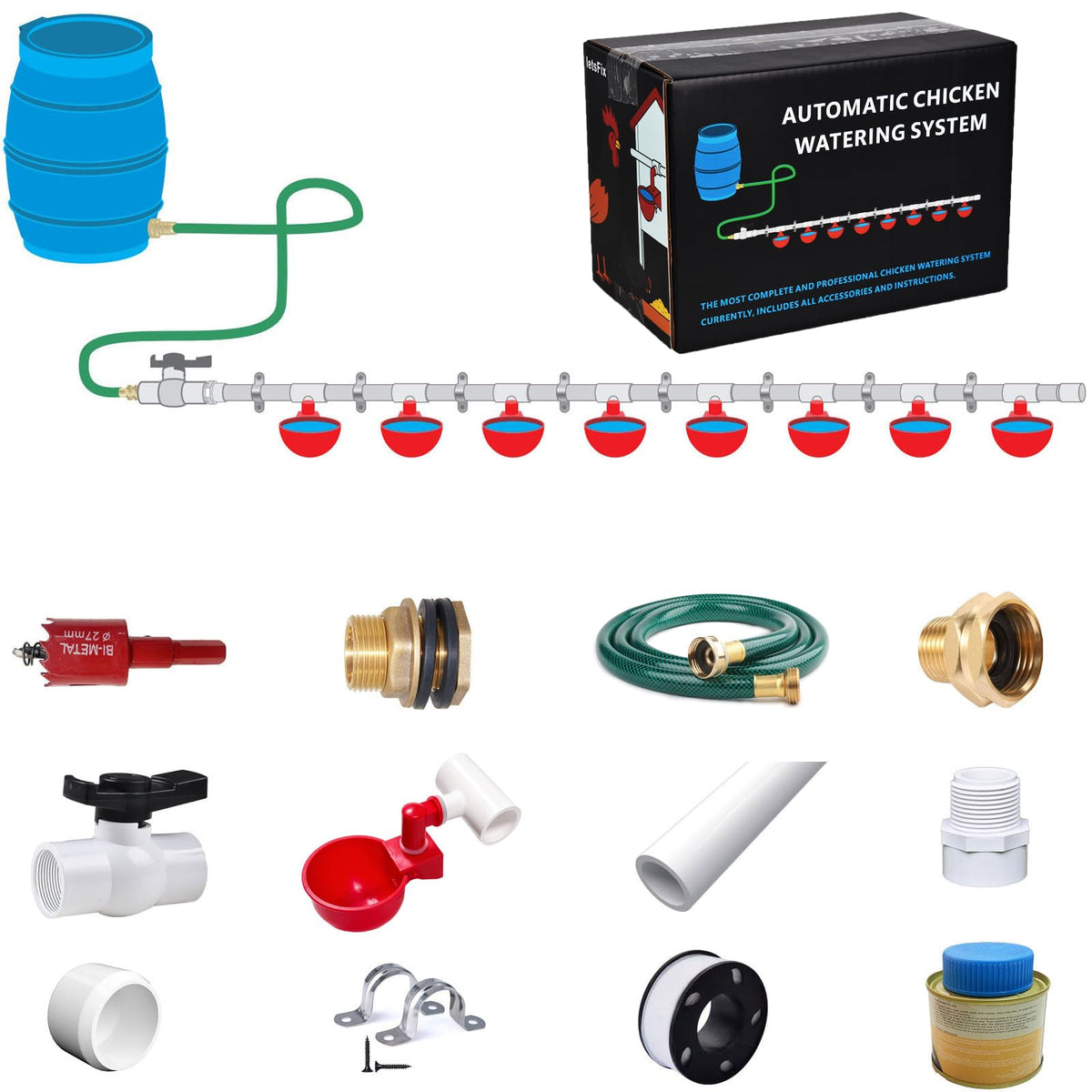 LetsFix automatic chicken waterer setup showing a complete system ready for install.