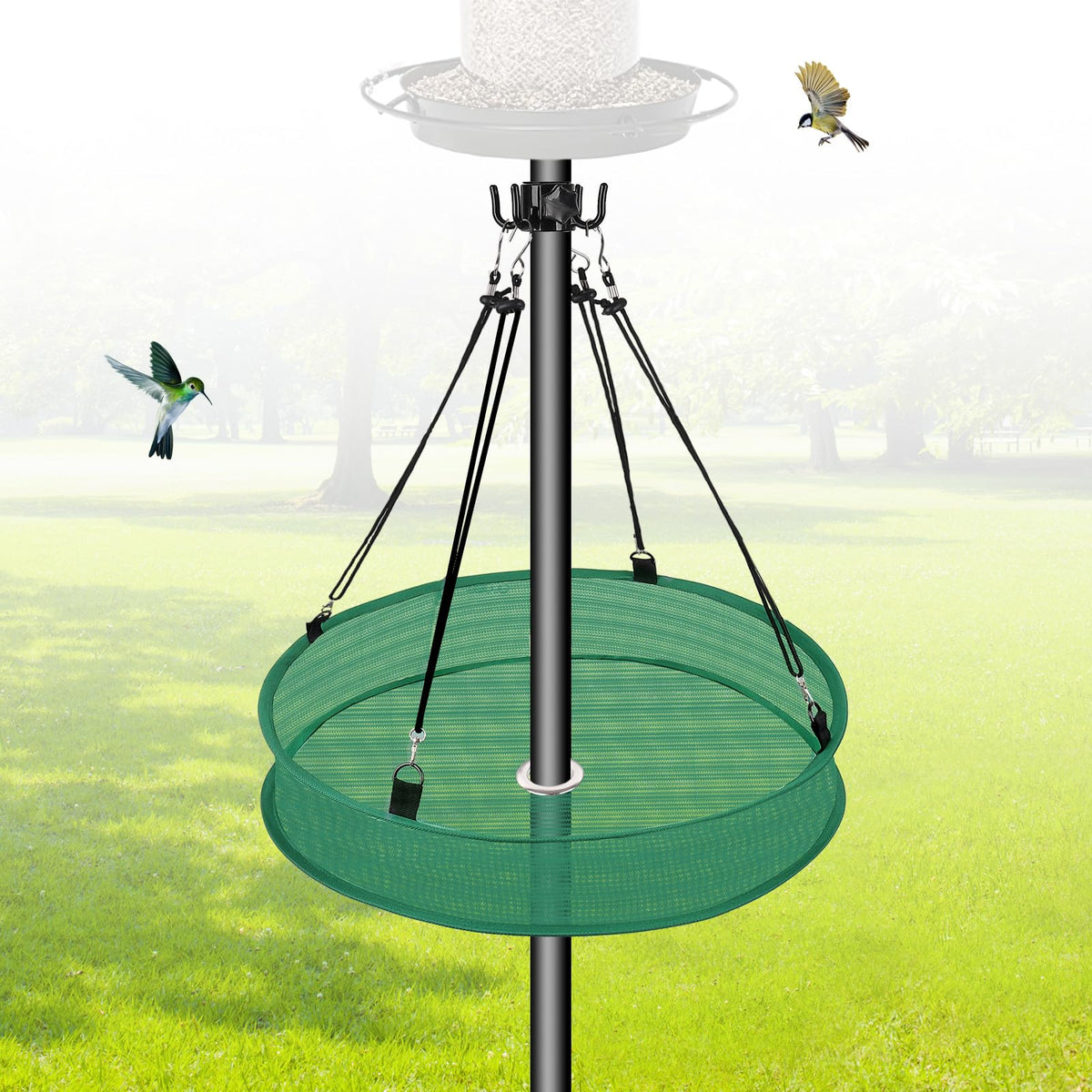 Lettry seed catcher tray on 20-inch diameter captures spilled seed for a cleaner yard.