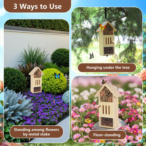 Lettry insect house with metal stake showing adjustable height for versatile placement.
