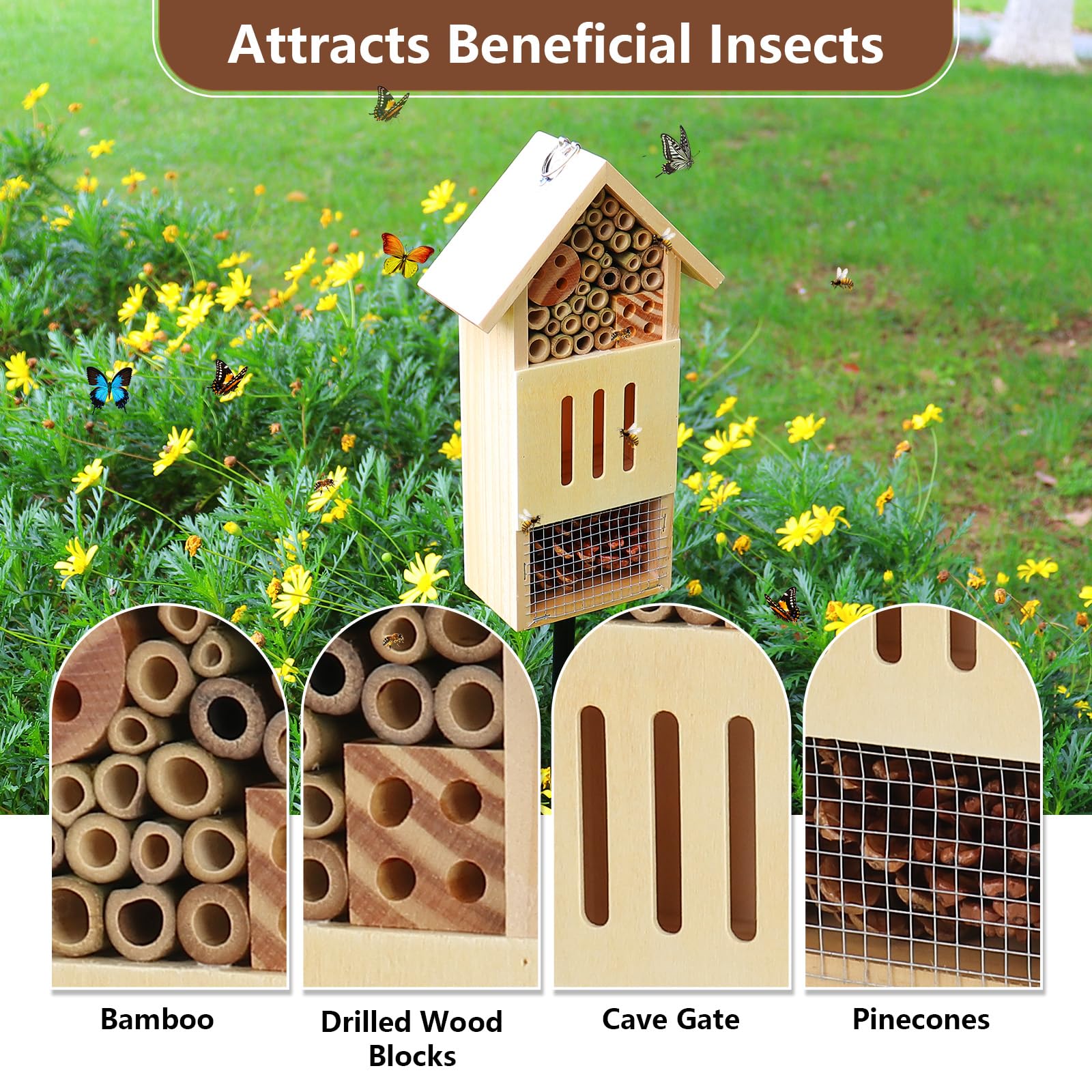 Lettry insect house natural pine wood with non-toxic waterproof paint resists weather.