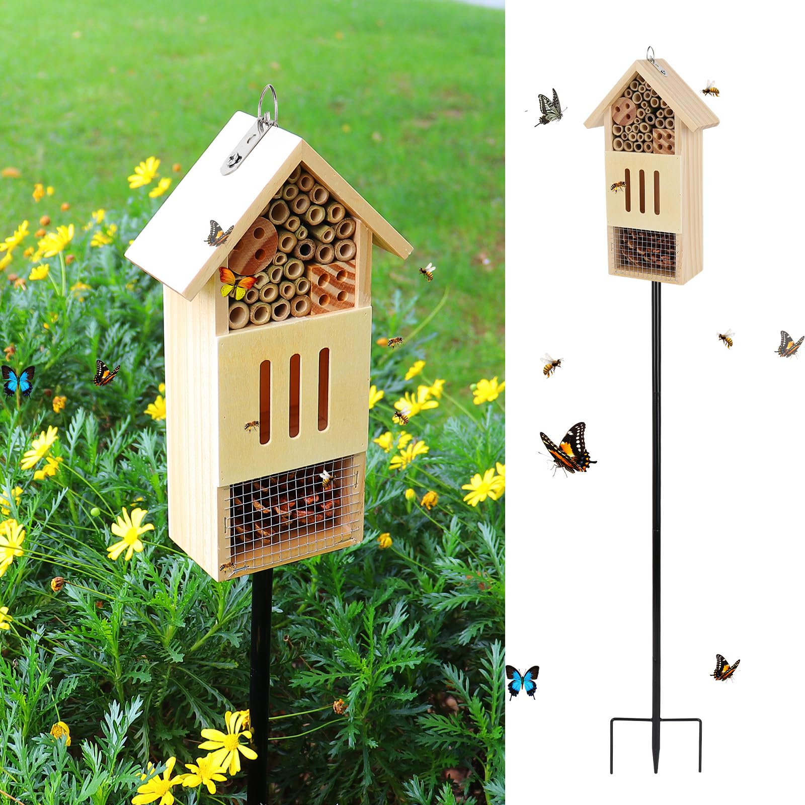 Lettry insect house in pine wood, a bee hotel for pollinator habitats in the garden.