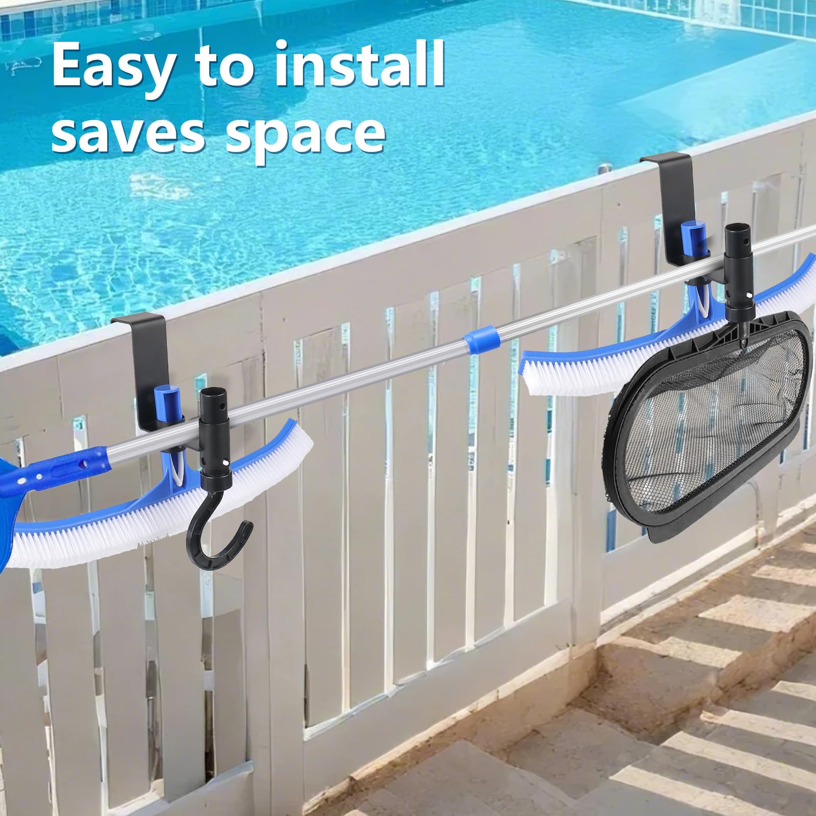 Lettry pool fence hooks mounted on fence for quick tool access.