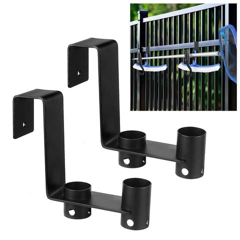 Lettry pool fence hooks on a railing keep tools neatly organized.