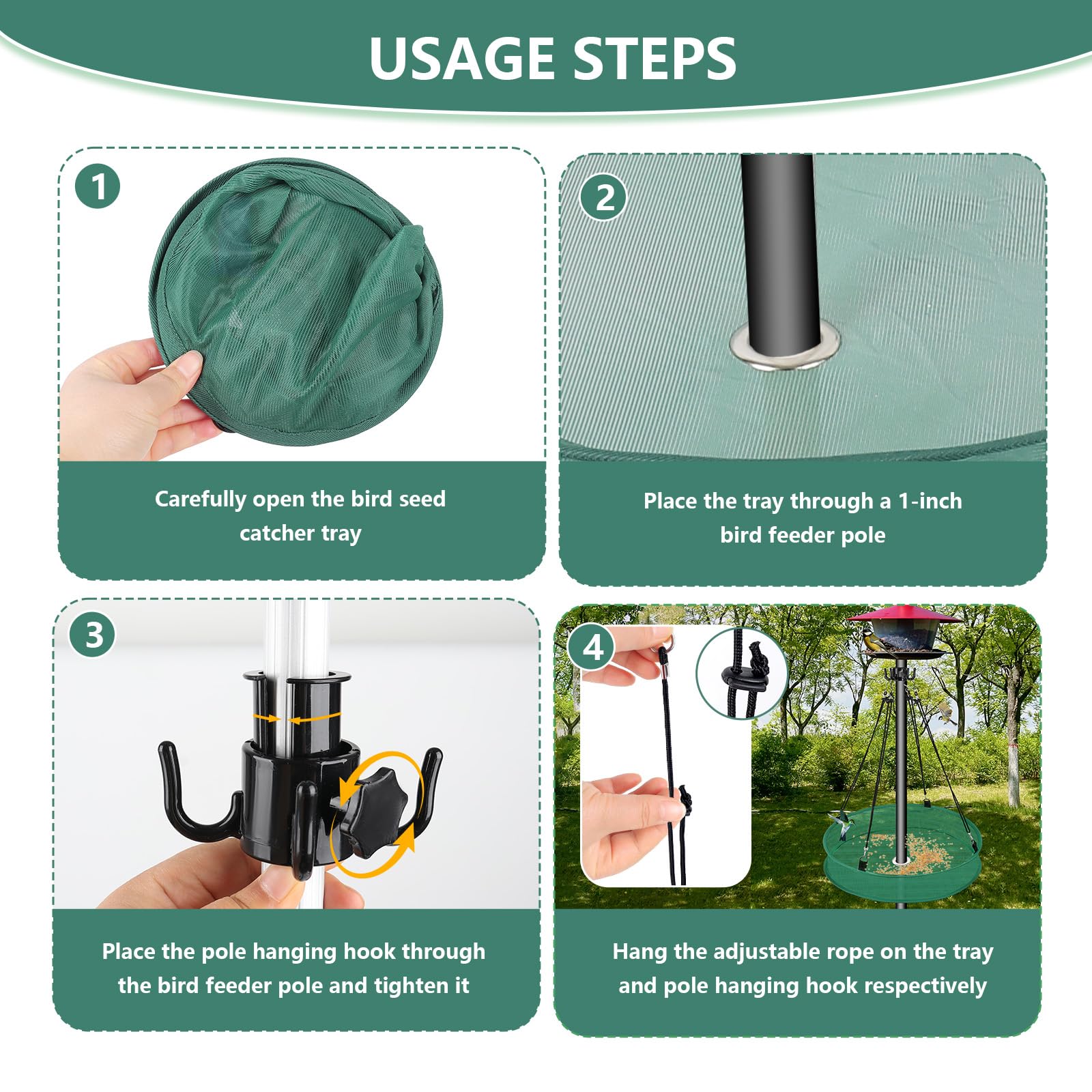 Lettry seed catcher tray installed on a 1-inch pole keeps seeds and shells off the ground.