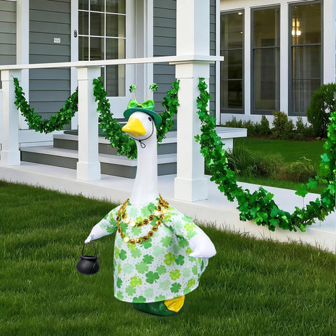 Lettry yard garden decor featuring a St. Patrick's Day goose outfit