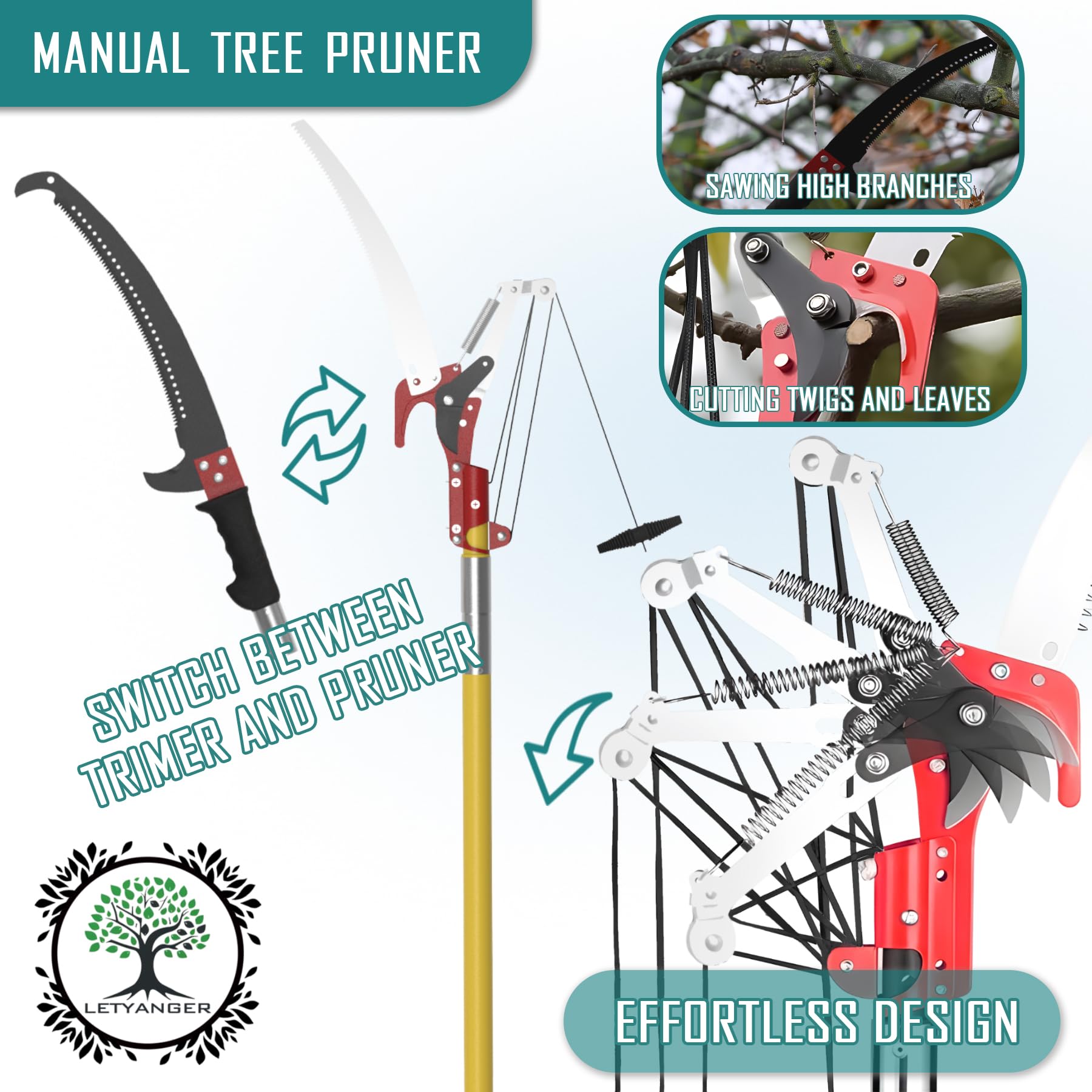 LETYANGER pulley system in use reduces pulling effort during trimming