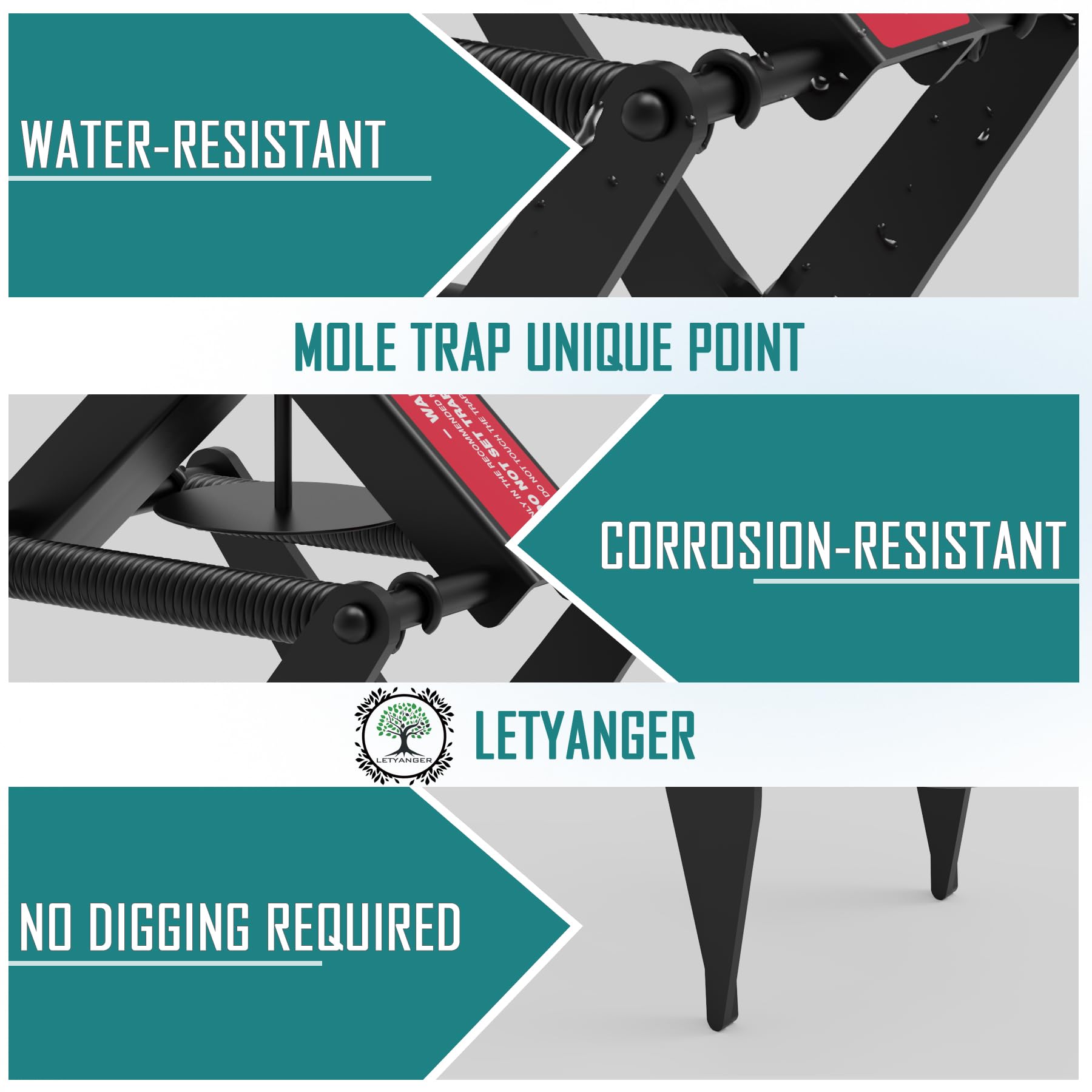 LETYANGER spring-loaded mole-trap activates when a mole passes through the tunnel.