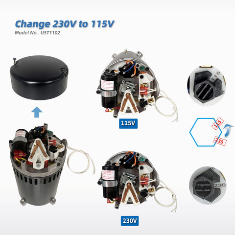 Ready-to-install LEUNGOO UST1102 motor with 115/230V wiring for flexible power options.