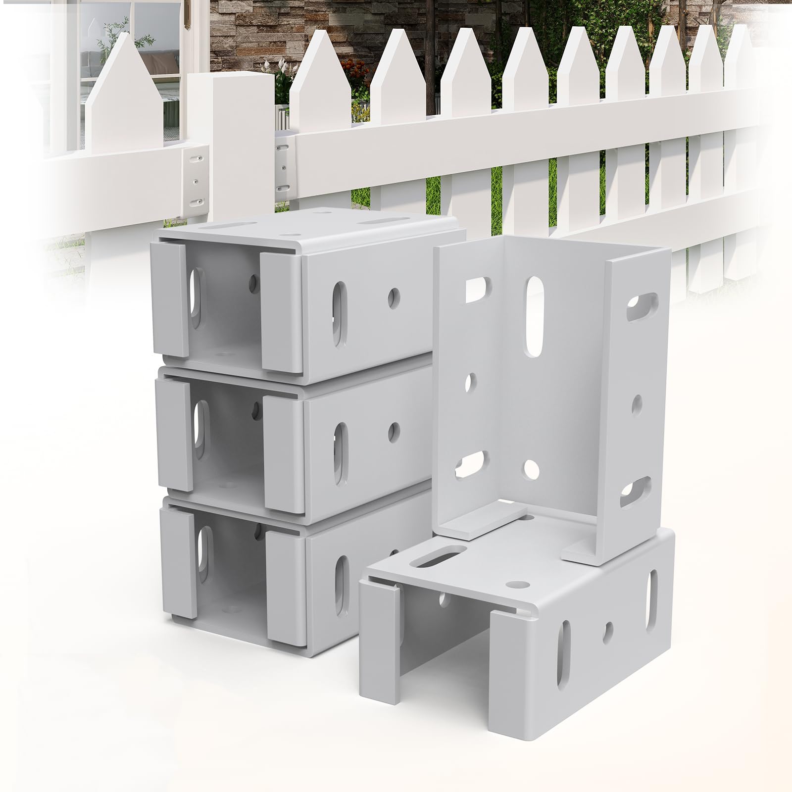 LEVENDOR White Aluminum Fence Bracket assembly showing strong connect between panel and post.