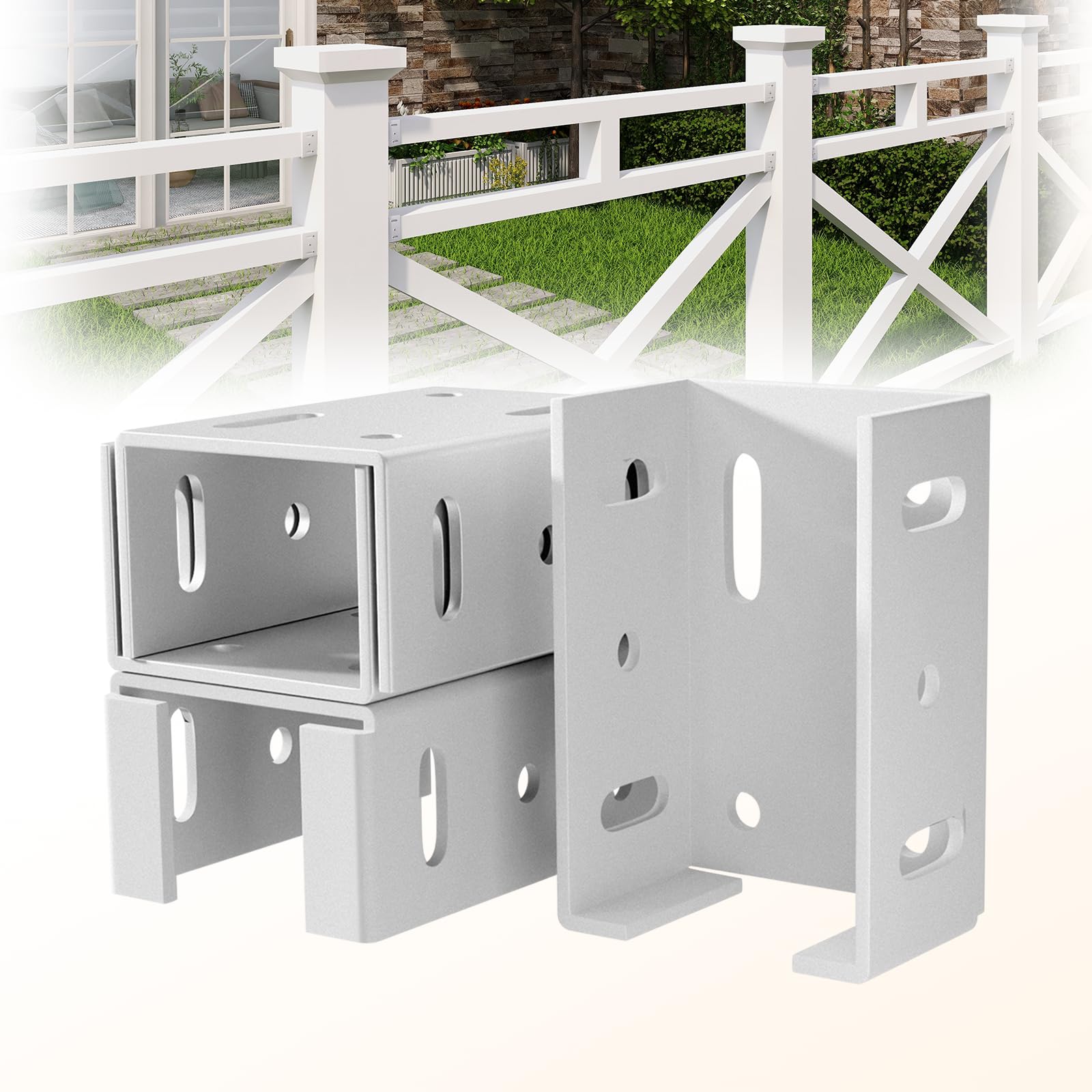 LEVENDOR white aluminum fence bracket package: durable, corrosion-resistant hardware for vinyl fencing.