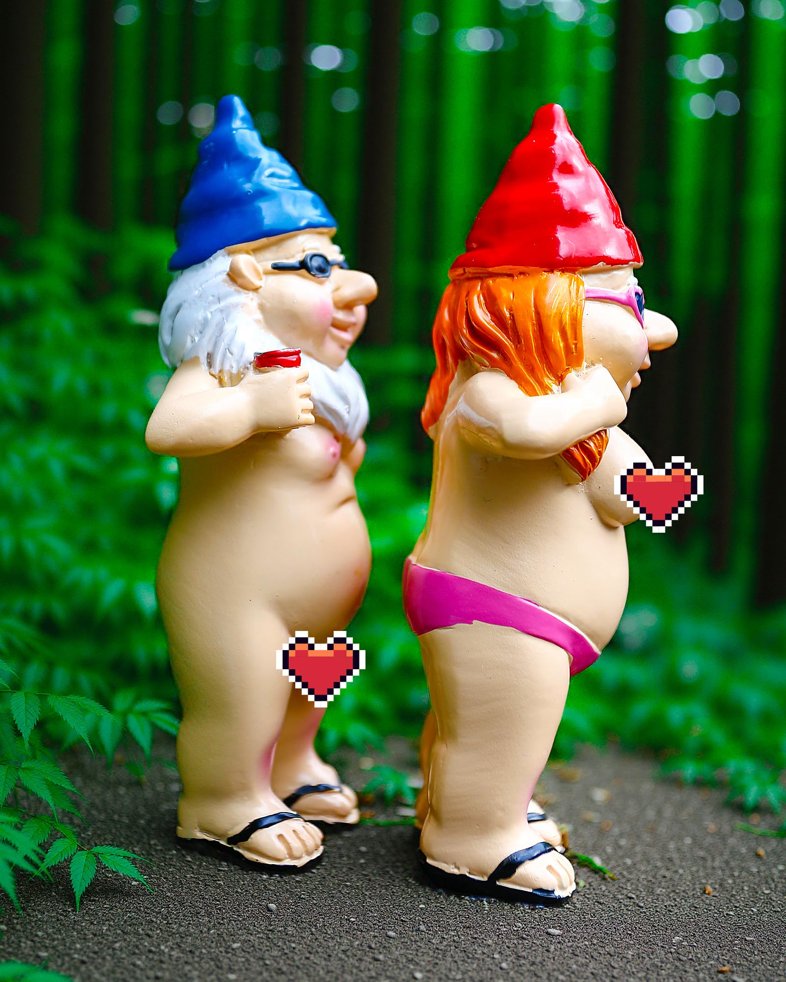 Gnomes standing through sun and rain for outdoor display