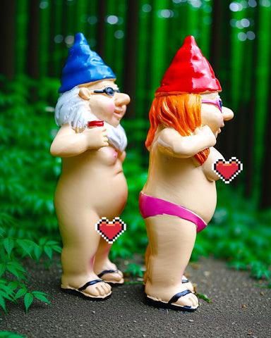 Gnomes standing through sun and rain for outdoor display