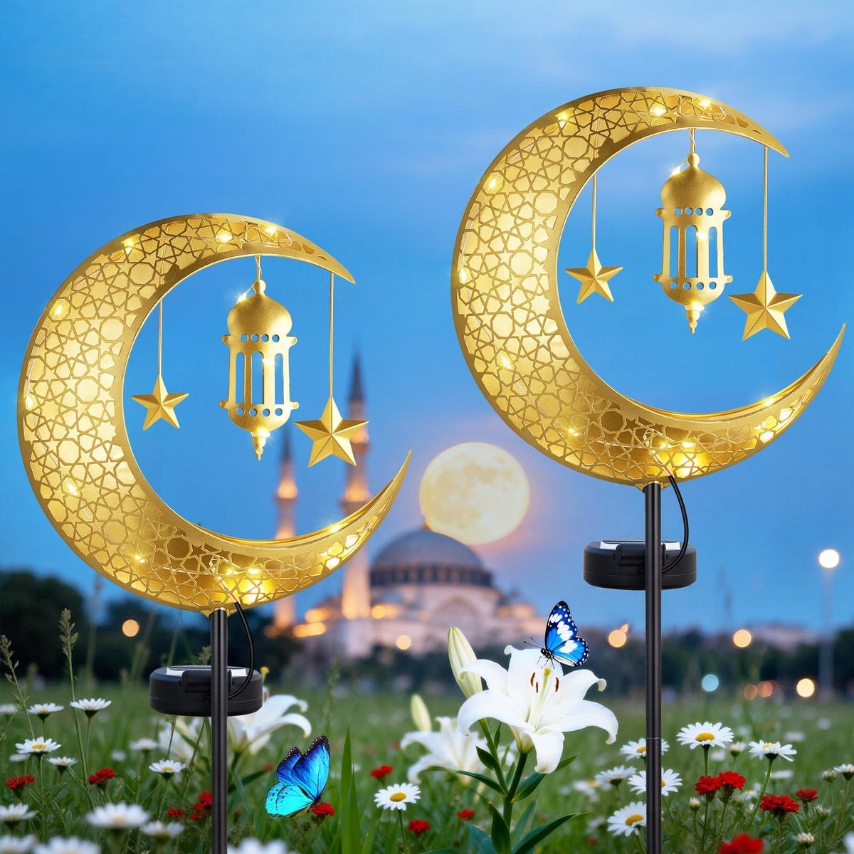 Lewondr Ramadan solar lights with crescent moon and star create elegant garden ambience.