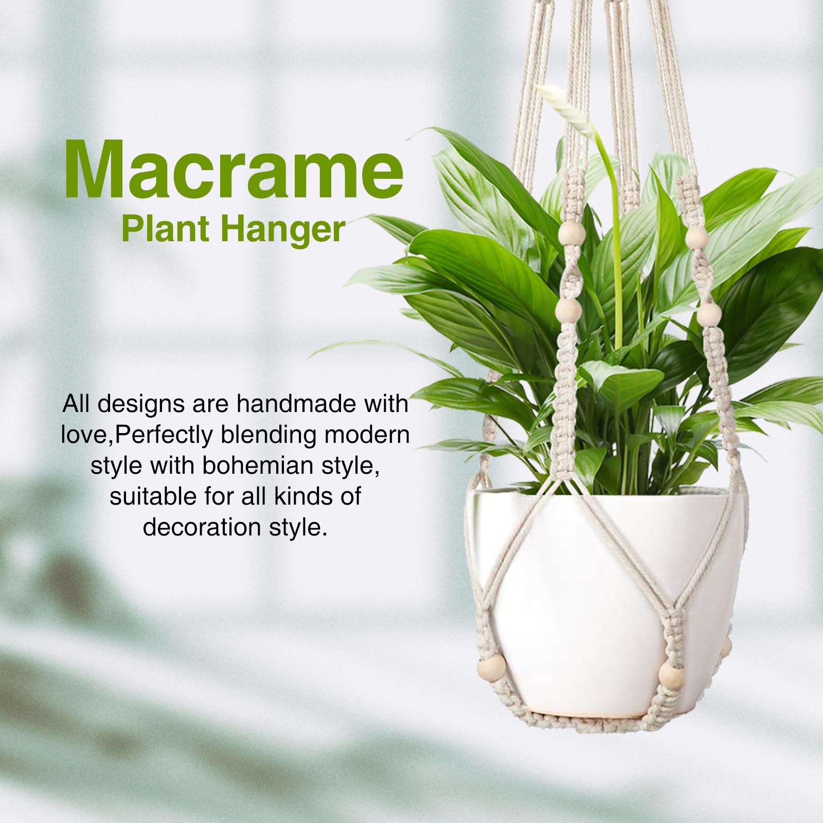 LEWESU 35-inch length macrame hanger for flexible hanging heights.