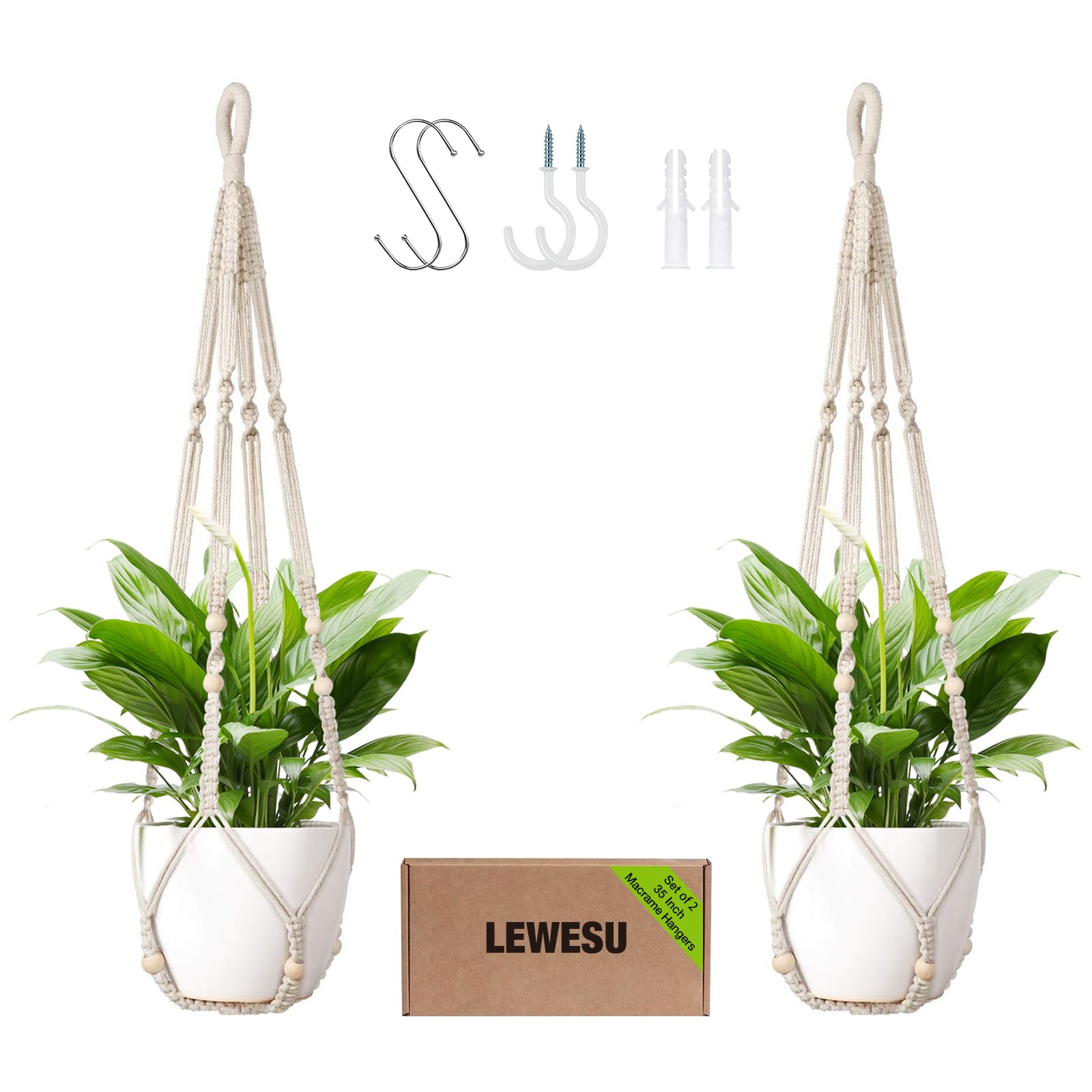 LEWESU macrame plant hanger ivory cotton rope with wood beads for indoor display.