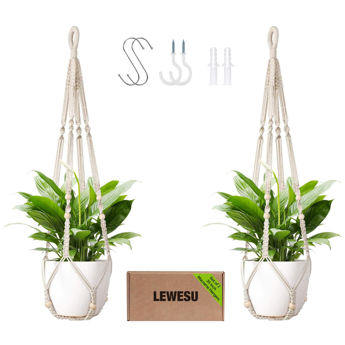 LEWESU macrame plant hanger ivory cotton rope with wood beads for indoor display.