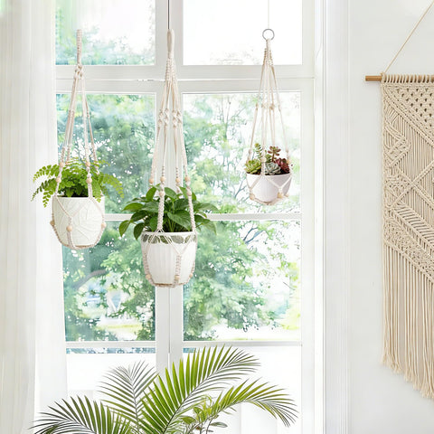 LEWESU macrame plant hanger ivory, 30-inch, perfect for outdoor balcony greenery