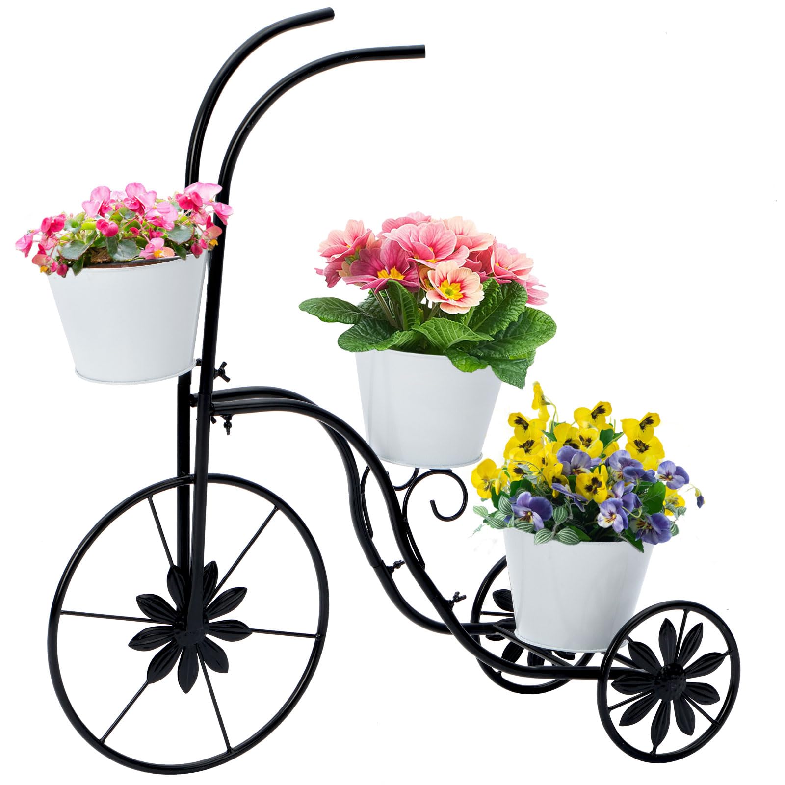 LEWIS&WAYNE metal tricycle planter front view adds color to outdoor decor