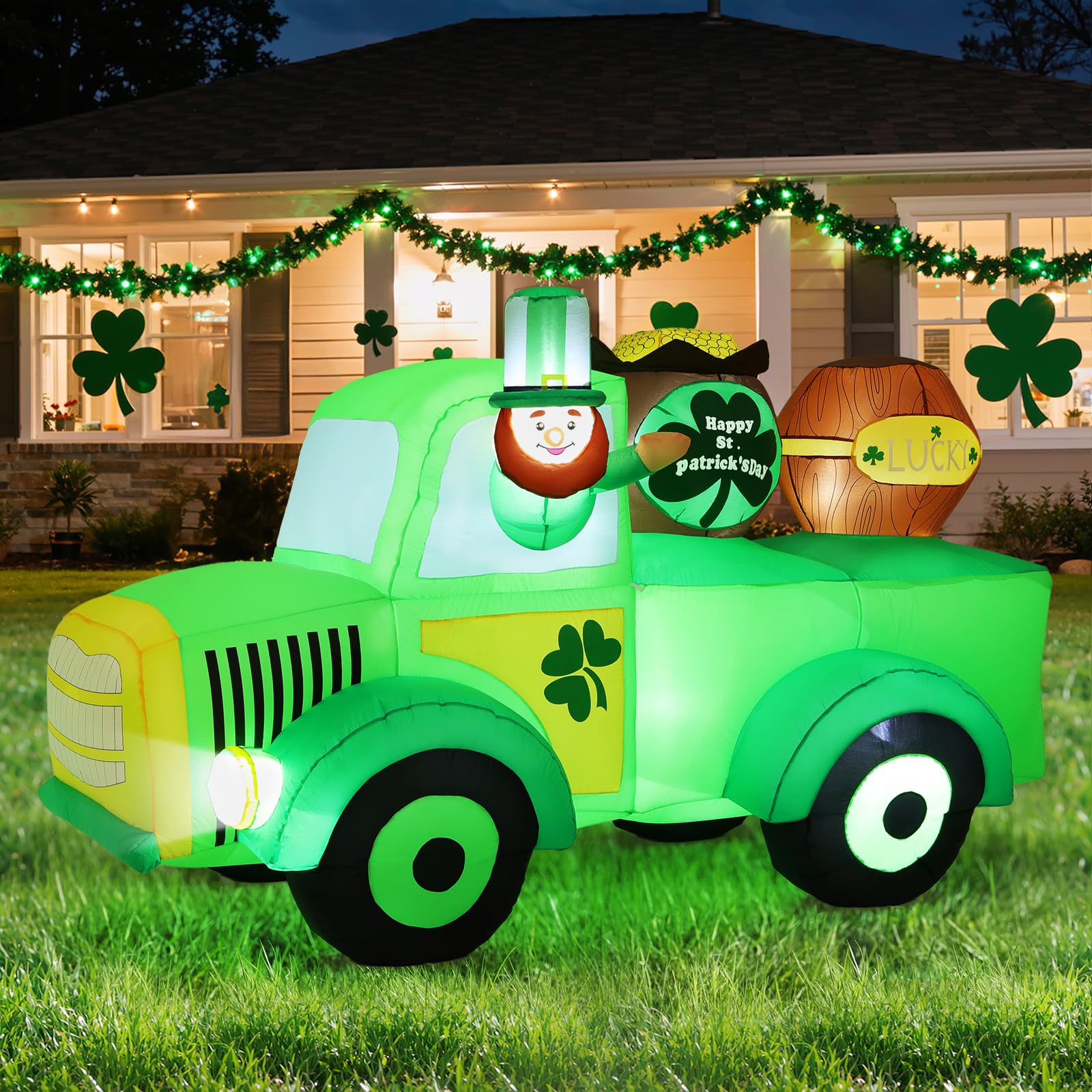 Lewondr leprechaun driving a car inflatable adds festive curb appeal for St Patrick's Day