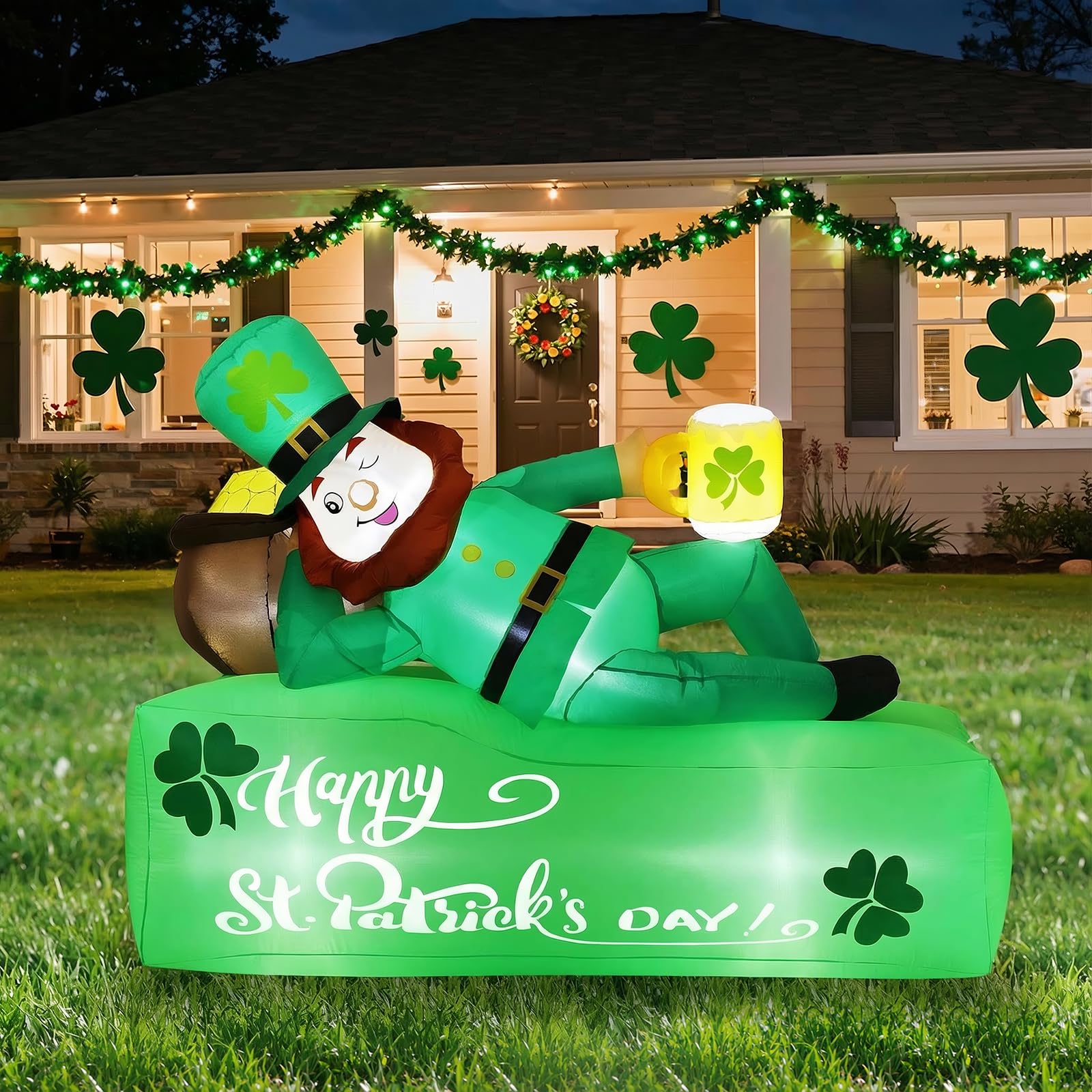Lewondr leprechaun inflatable on bed with shamrocks, ideal for festive yard display.